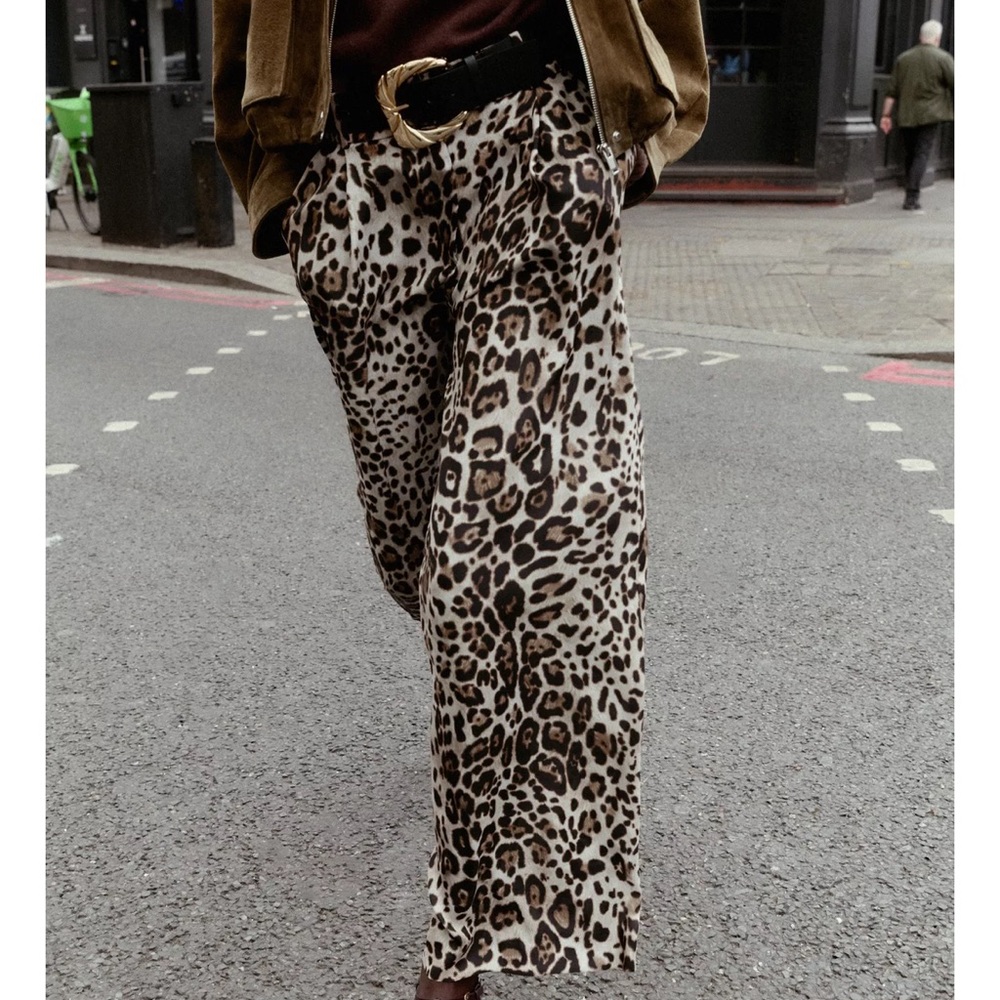 ZARA Wide Leg Belted Leopard Pants
